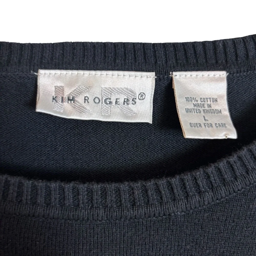 Preppy Argyle Crewneck Sweater Black Blue Size Large 100% Cotton Kim Rogers